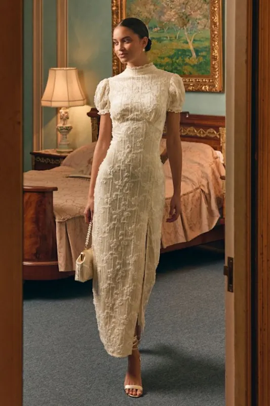 Cadison Cream Textured Puff Sleeve Column Maxi Dress made by Lulus