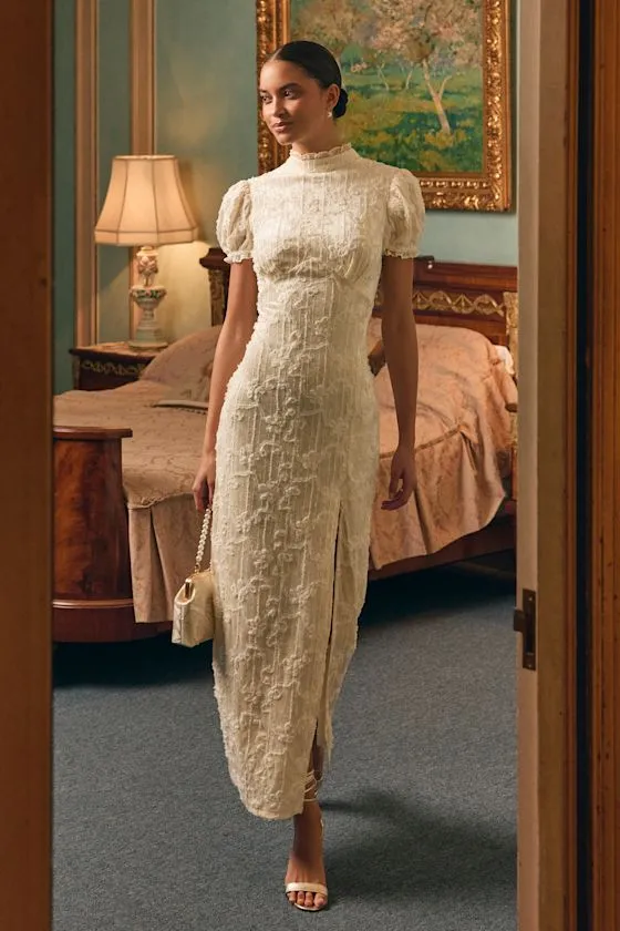 Cadison Cream Textured Puff Sleeve Column Maxi Dress sold by Lulus