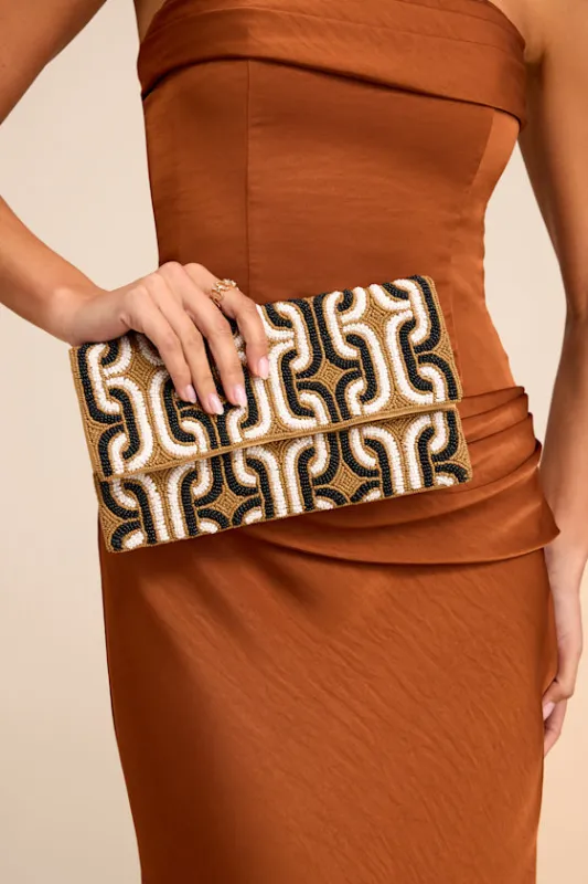 Sikuna Beige and Black Beaded Clutch sold by Lulus