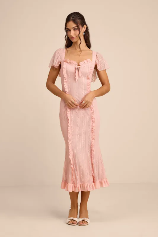 Aviara Light Pink Lace Ruffled Flutter Sleeve Midi Dress sold by Lulus