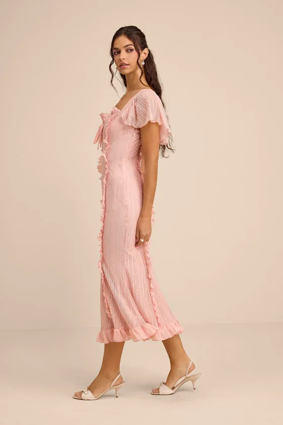 Aviara Light Pink Lace Ruffled Flutter Sleeve Midi Dress sold by Lulus product image thumbnail 4