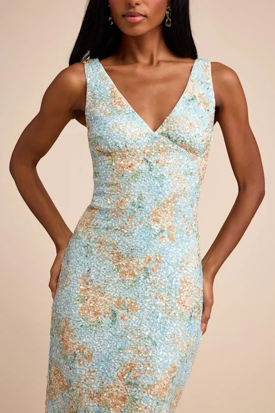 Renita Light Blue Floral Sequin Column Midi Dress sold by Lulus product image thumbnail 3