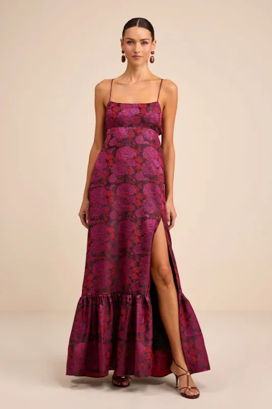 Jasiel Burgundy Jacquard Lace-Up Tiered Maxi Dress sold by Lulus