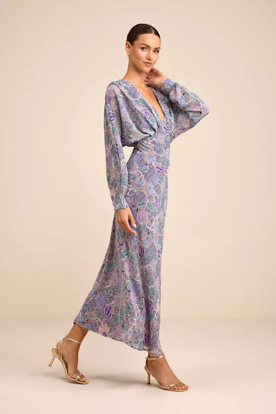 Azalea Purple Multi Floral Long Sleeve Midi Dress sold by Lulus