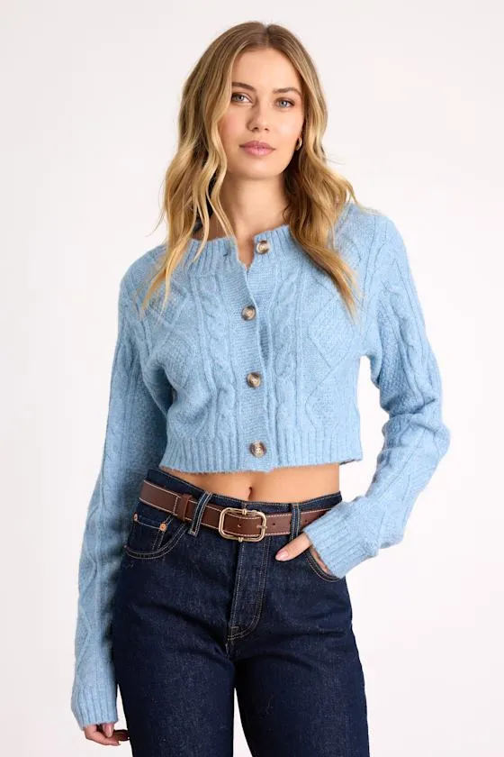Kaia Blue Marled Cable Knit Cropped Cardigan sold by Lulus