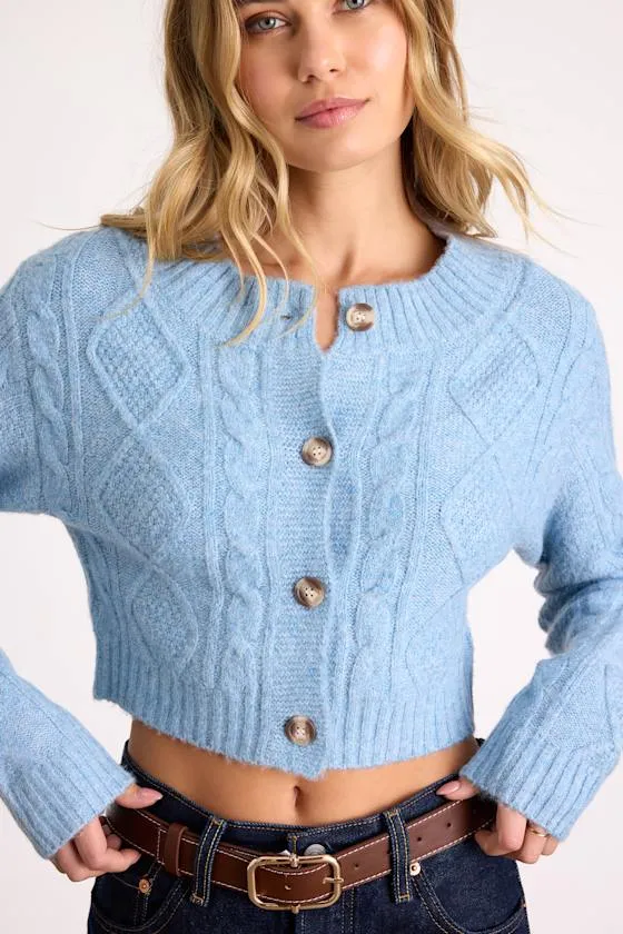 Kaia Blue Marled Cable Knit Cropped Cardigan sold by Lulus product image thumbnail 2