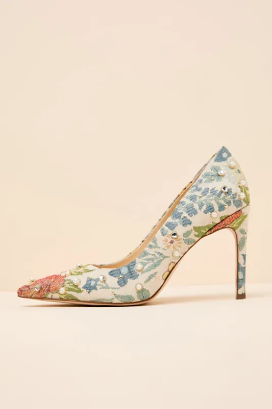 Wellica Cream Floral Jacquard Pearl Pointed-Toe Pumps made by Jessica Simpson