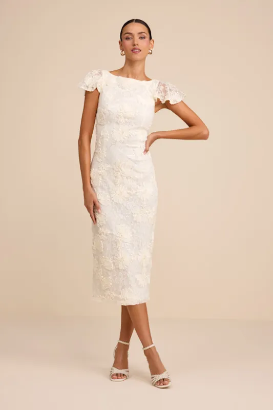Kenna Ivory Lace Flutter Sleeve Midi Dress sold by Lulus