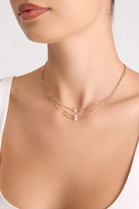 Melania Gold Pearl Layered Necklace sold by Lulus