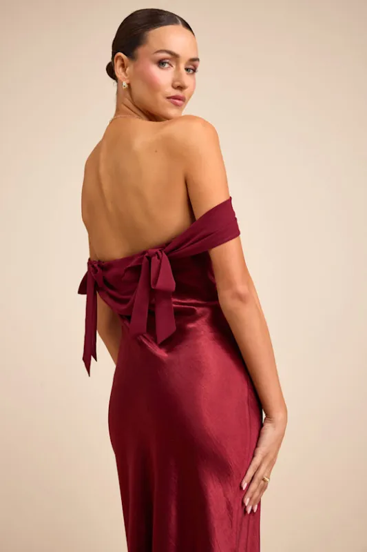Alaida Wine Red Satin Off-the-Shoulder Maxi Dress sold by Lulus