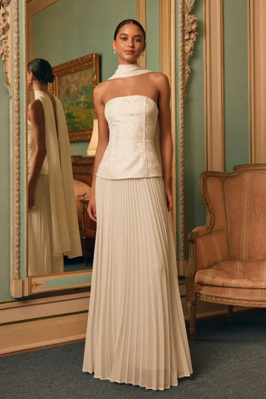 Eloise White Jacquard Pleated Maxi Dress and Scarf Set sold by Lulus