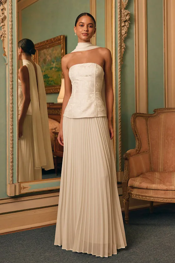 Eloise White Jacquard Pleated Maxi Dress and Scarf Set sold by Lulus