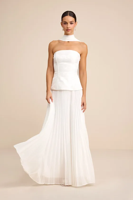 Eloise White Jacquard Pleated Maxi Dress and Scarf Set sold by Lulus product image thumbnail 2