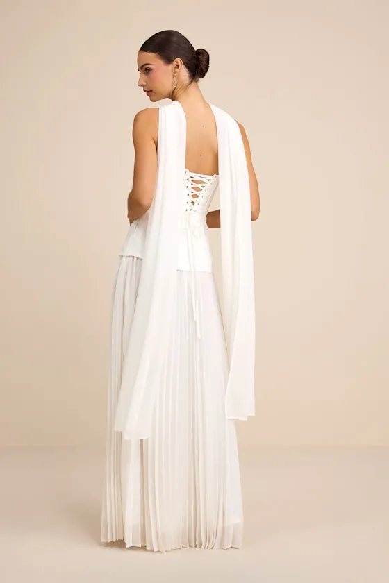 Eloise White Jacquard Pleated Maxi Dress and Scarf Set sold by Lulus product image thumbnail 4
