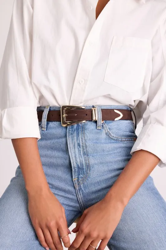 Carmen Dark Brown Suede Square Buckle Belt sold by Lulus