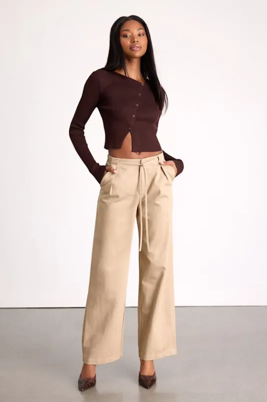 Ruthie Beige Tie-Front Mid-Rise Trouser Pants sold by Lulus