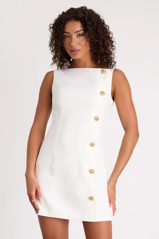Paedyn White Boat Neck Side-Button Mini Dress sold by Lulus