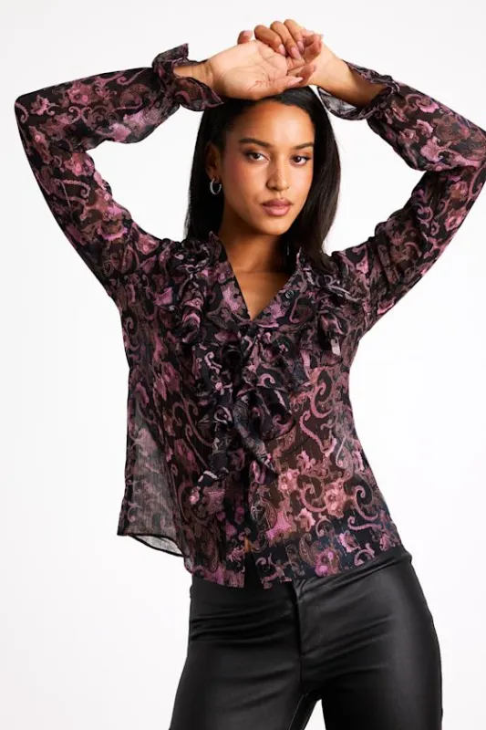Embry Black Paisley Print Lurex Ruffled Button-Front Top sold by Lulus