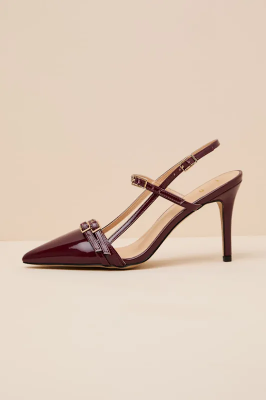 Pennie Wine Patent Pointed-Toe Slingback Pumps sold by Lulus