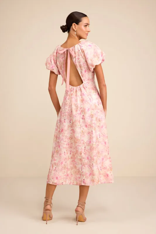 Arleth Ivory and Pink Floral Puff Sleeve Midi Dress sold by Lulus