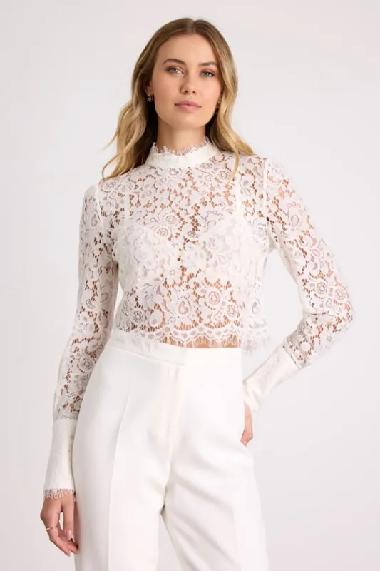 Celita Ivory Sheer Eyelash Lace Long Sleeve Crop Top sold by Lulus