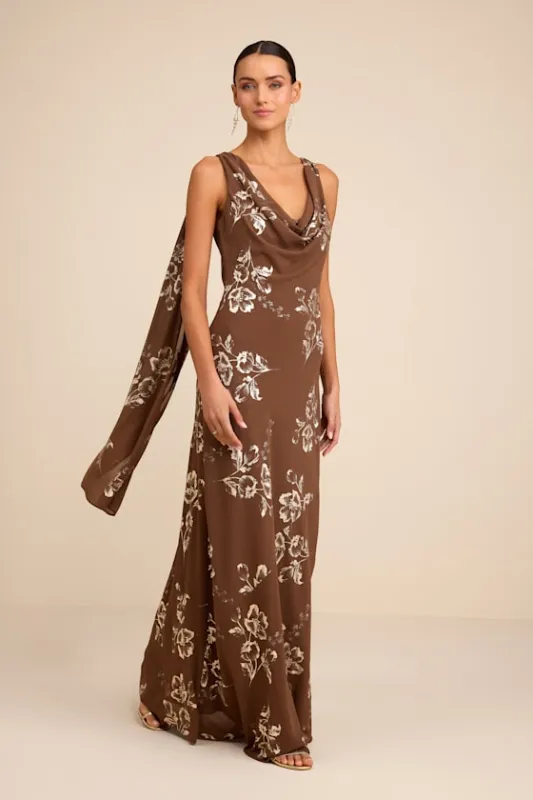 Sidonia Brown and Gold Floral Cowl Sash Maxi Dress sold by Lulus