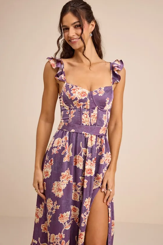 Sweet Like Sangria Purple Floral Ruffled Bustier Midi Dress sold by Lulus