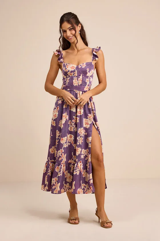 Sweet Like Sangria Purple Floral Ruffled Bustier Midi Dress sold by Lulus product image thumbnail 2