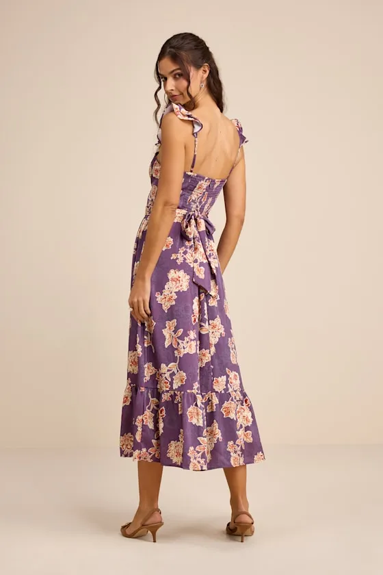 Sweet Like Sangria Purple Floral Ruffled Bustier Midi Dress sold by Lulus product image thumbnail 4