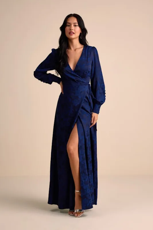 Maryn Navy Satin Jacquard Wrap Maxi Dress sold by Lulus