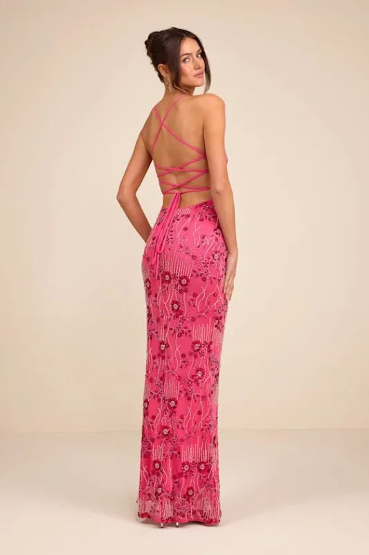 Arella Hot Pink Beaded Sequin Laxe-Up Maxi Dress sold by Lulus