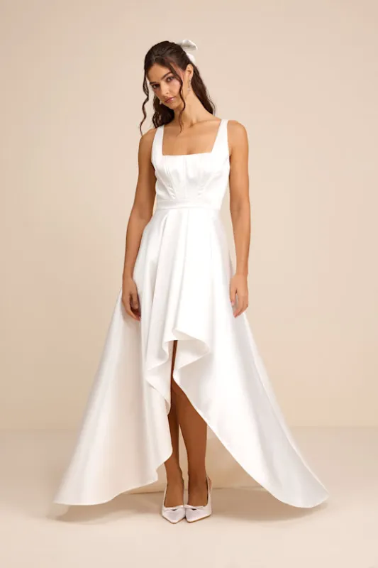 Rosabelle White Taffeta Bustier High-Low Maxi Dress sold by Lulus