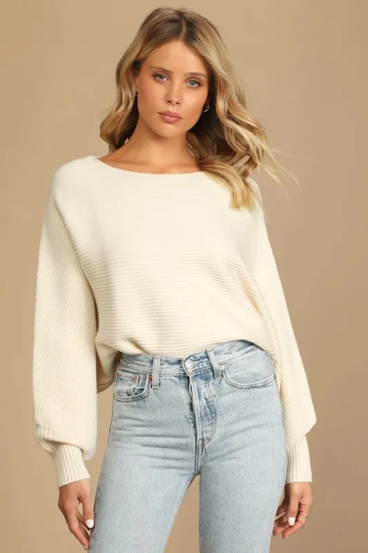 Come and Cuddle Cream Ribbed Knit Dolman Sleeve Cropped Sweater sold by Lulus