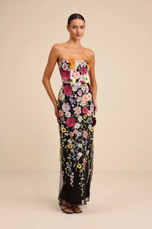 Macario Black Multi 3D Floral Embroidered Strapless Maxi Dress sold by Lulus