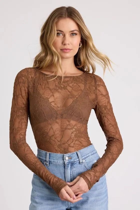 Hunter Light Brown Sheer Lace Long Sleeve Top sold by Lulus