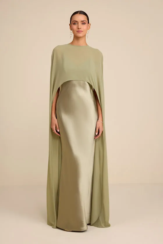 Cavana Sage Satin Cape Maxi Dress sold by Lulus