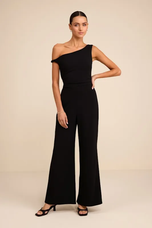 Lawny Black Twisted One-Shoulder Jumpsuit sold by Lulus