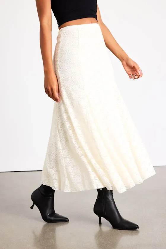 Arleia Ivory Lace Pleated Midi Skirt sold by Lulus