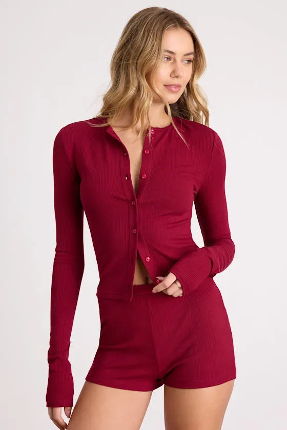 Rimsley Wine Red Ribbed Knit Button-Up Top sold by Lulus