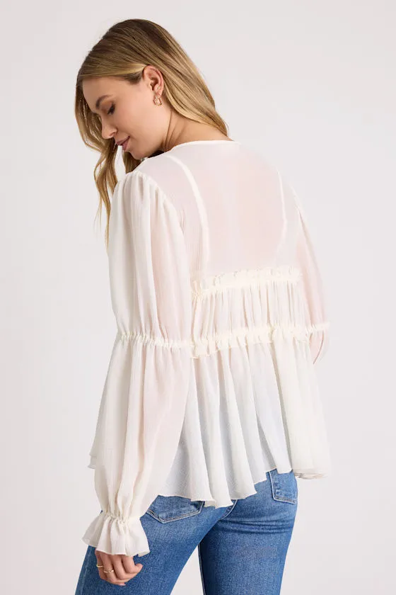 Felicity Ivory Sheer Tie-Front Peplum Top sold by Lulus product image thumbnail 4