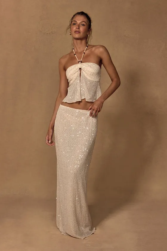 Malita Cream Crochet Sequin Low-Rise Maxi Skirt sold by Lulus product image thumbnail 4