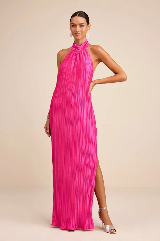 Gwenny Hot Pink Satin Plisse Maxi Dress sold by Lulus