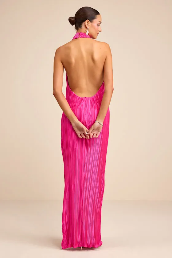 Gwenny Hot Pink Satin Plisse Maxi Dress sold by Lulus product image thumbnail 3