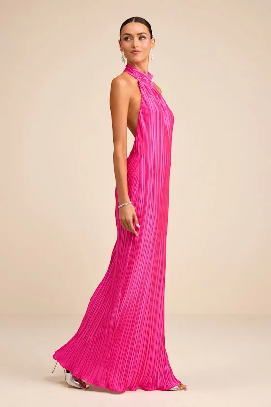 Gwenny Hot Pink Satin Plisse Maxi Dress sold by Lulus product image thumbnail 4