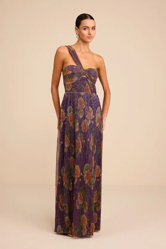 Maribella Dark Purple Floral Lurex Pleated Maxi Dress sold by Lulus