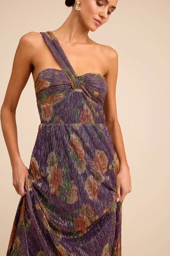 Maribella Dark Purple Floral Lurex Pleated Maxi Dress sold by Lulus product image thumbnail 2