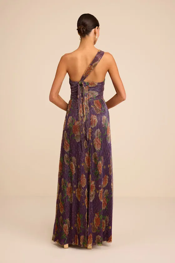 Maribella Dark Purple Floral Lurex Pleated Maxi Dress sold by Lulus product image thumbnail 3