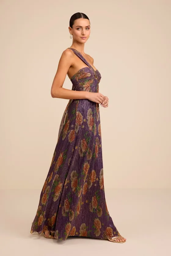 Maribella Dark Purple Floral Lurex Pleated Maxi Dress sold by Lulus product image thumbnail 4