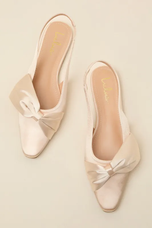 Kyleigh Champagne Satin Bow Slingback Flats made by Lulus