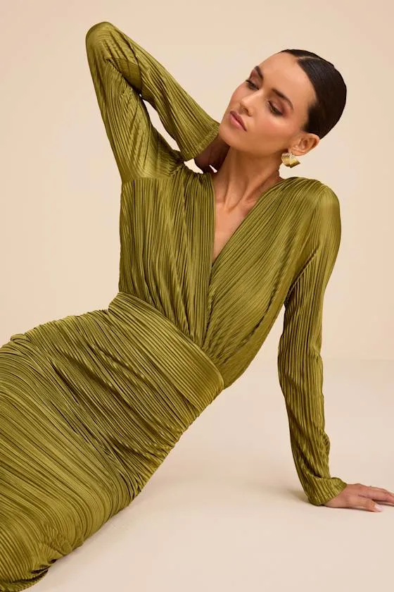Seren Olive Green Plisse Surplice Maxi Dress sold by Lulus